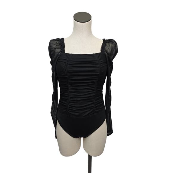 NWT Bebe Black Ruched Long Puff Sleeve Sheer Mesh Bodysuit Womens Size Small - Picture 7 of 13